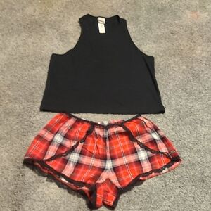 Black Tank Top and Red Plaid Shorts Set